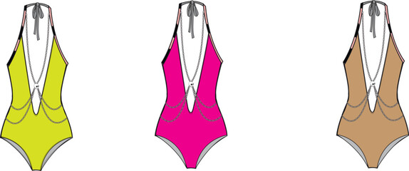 Trendy Halter Neck Chain Detail Swimsuit Design