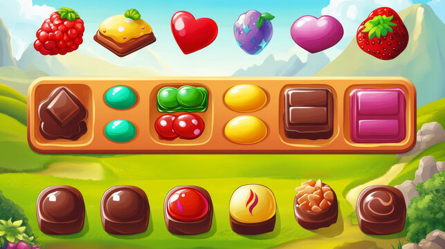 Ui candy match game interface with button and icon vector cartoon design set. Mobile puzzle level with glossy menu kit illustration. Food and chocolate 2d frame assets template with loading panel