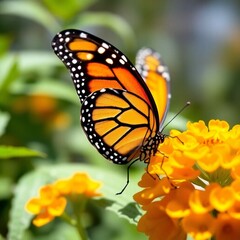 Fototapeta premium Professional-quality high-resolution stock photo showcasing a Monarch butterfly Danaus plexippus in its natural habitat. Focus on the intricate wing details and the surrounding foliage. 