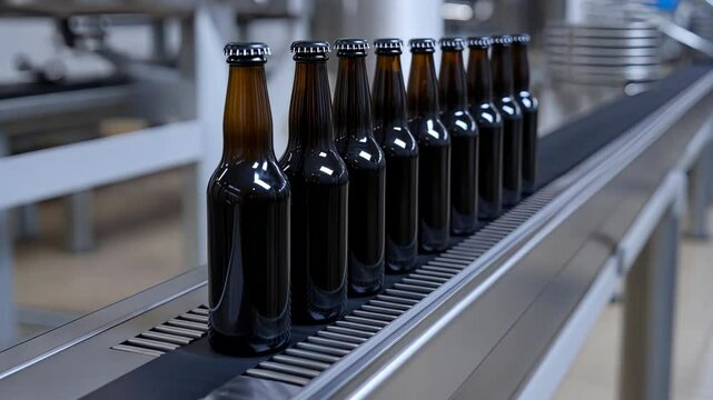 Craft beer bottles are being filled and transported on a conveyor belt in a brewery. The production process showcases efficiency