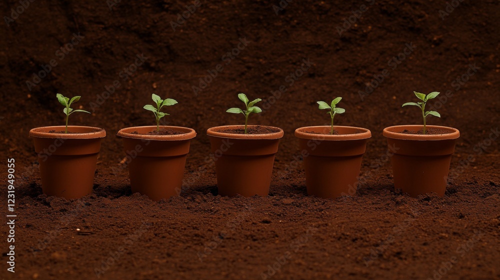 Poster a shot of young trees growing in biodegradable pots arranged neatly on the ground, ready for plantin