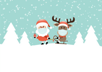 Karte Santa Maske Zieht Schlitten Mit Rentier Im Wald Türkis