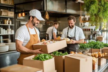 Delivery driver collects meal orders from bustling restaurant kitchen under bright lighting with chefs assisting in food preparation
