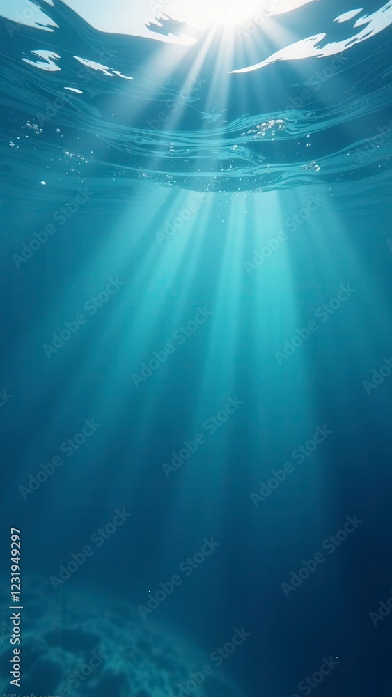 Poster sunbeams filtering through ocean surface to dark seabed