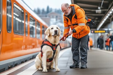 Guide dog assists owner boarding train with conductor support in accessible modern station