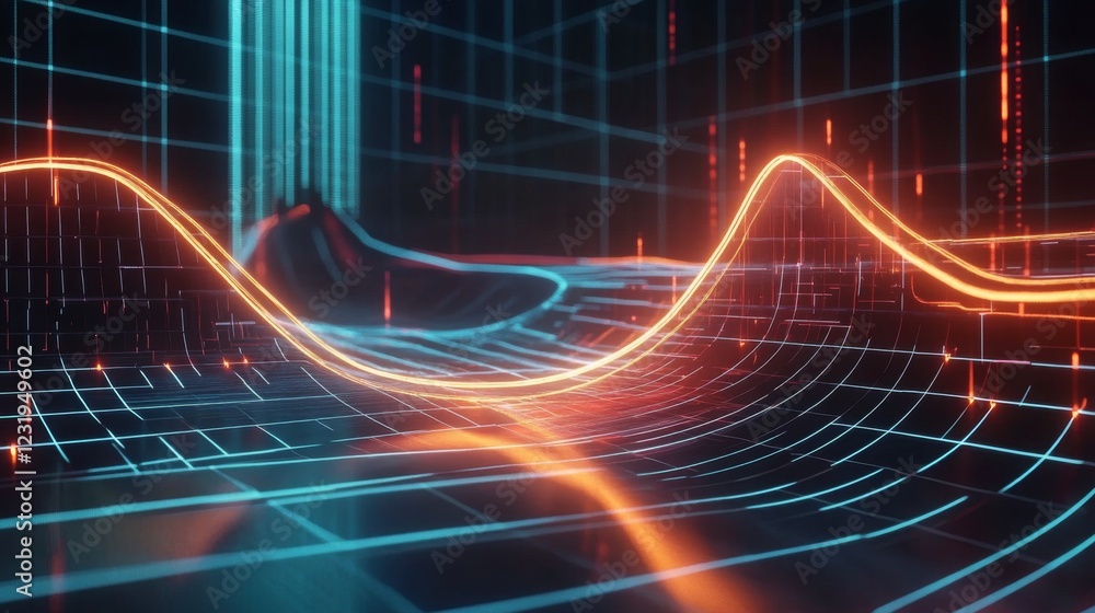 Poster A sleek D line graph with sharp, glowing edges and a steady upward trajectory, set against a futuristic digital grid background