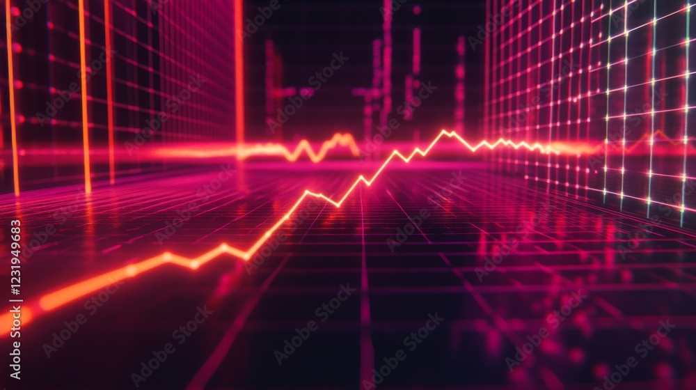 Aufkleber A sleek D line graph with sharp, glowing edges and a steady upward trajectory, set against a futuristic digital grid background