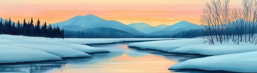 A serene winter landscape featuring a river, snowy banks, and distant mountains under a colorful sunset sky.