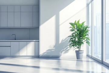 Minimalist modern kitchen with large window, sunlight, and potted plant.
