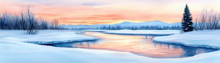 Fototapeta premium A serene winter landscape featuring a frozen river, snow-covered banks, and a colorful sunset illuminating the horizon.