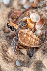 Baby sea turtle emerges from sandy nest at dawn with ocean in the distance