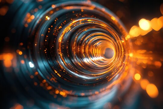 Abstract representation of time as spiraling light trails, intertwining and merging in a digital expanse.