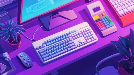 Gaming workspace with keyboard and joystick on a violet background, bold color palette. 