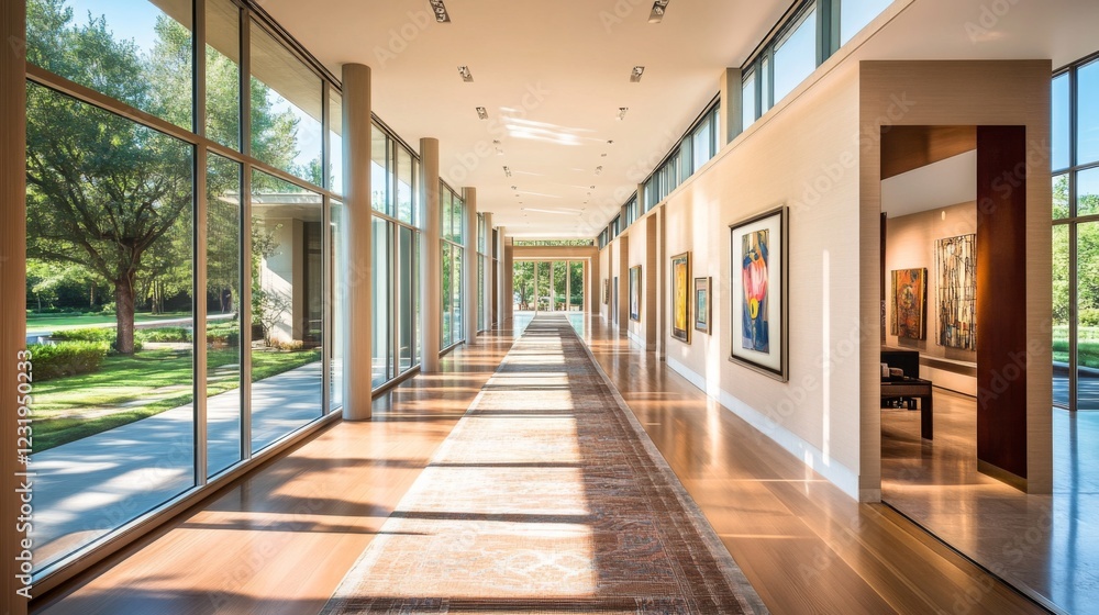 Poster a spacious modern hallway featuring sleek design elements, large windows allowing natural light to f