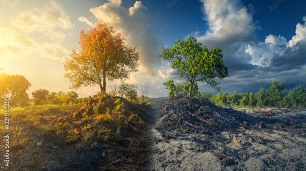 Poster A stark contrast between a vibrant forest and an area devastated by logging, emphasizing the impact of human activity on natural ecosystems and global warming