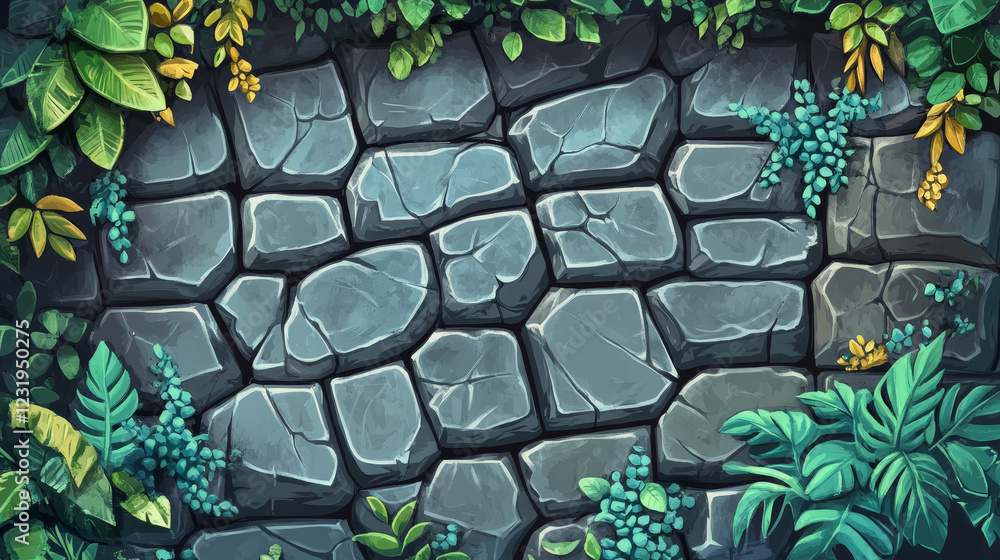 Aufkleber stone game menu elements - cartoon rock gui boards and buttons with liana vines. cartoon vector user