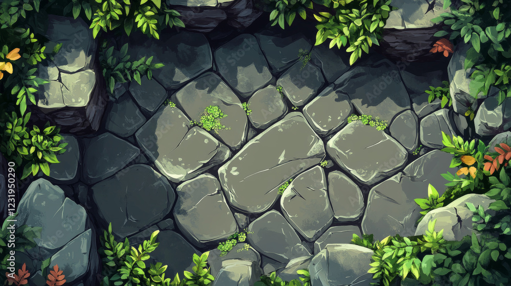 Poster stone game menu elements - cartoon rock gui boards and buttons with liana vines. cartoon vector user