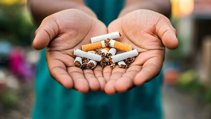 Hands hold discarded cigarettes in a demonstration of anti-smoking awareness outdoors