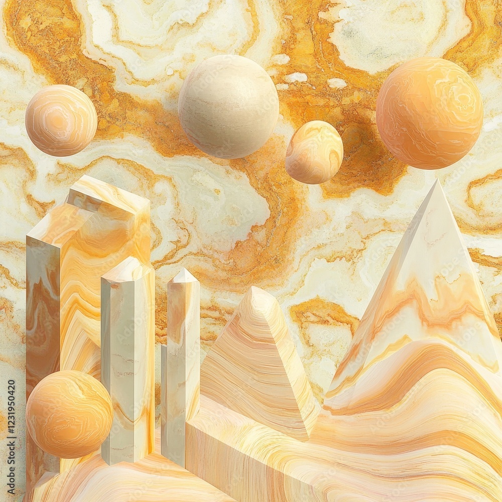 Poster abstract composition of stone spheres pyramids and columns