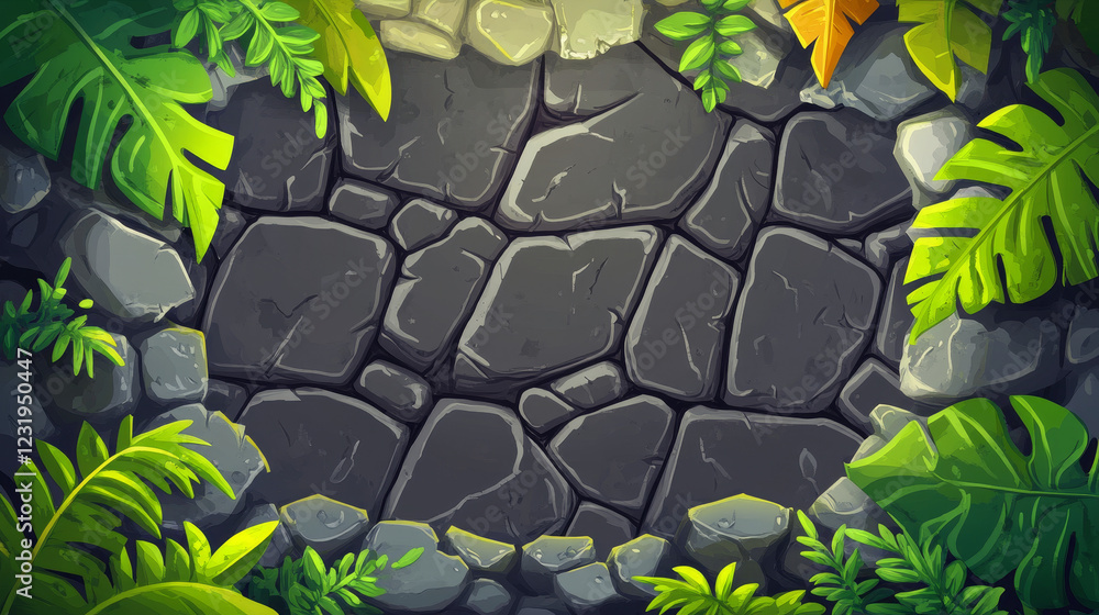 Poster stone game menu elements - cartoon rock gui boards and buttons with liana vines. cartoon vector user