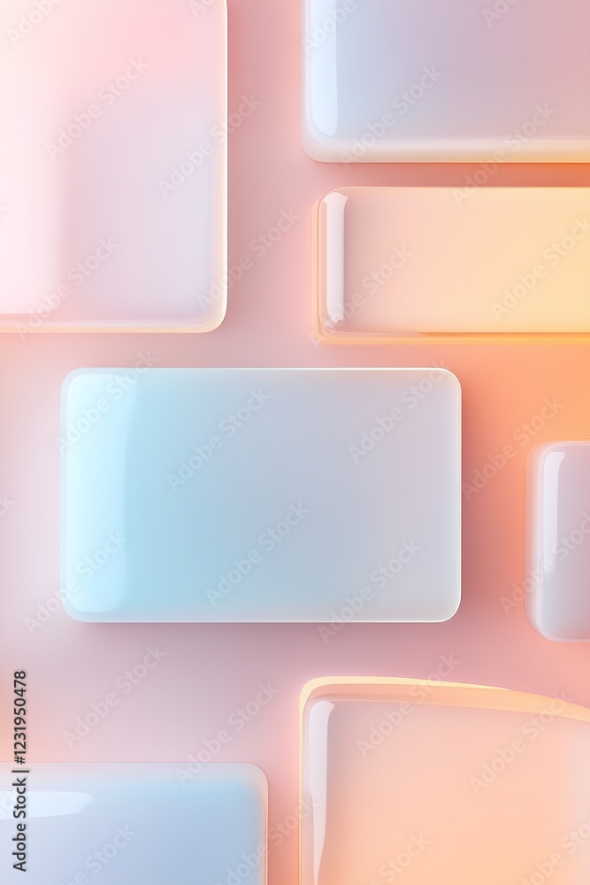 Poster frosted glass rectangles overlap with subtle glowing edges, set against a clean gradient background 