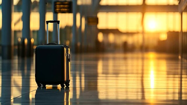 A solitary black hardshell carry-on with reinforced edges rests unnoticed in the baggage reclaim area, bathed in golden sunset light reflecting off its glossy exterior, evoking a s