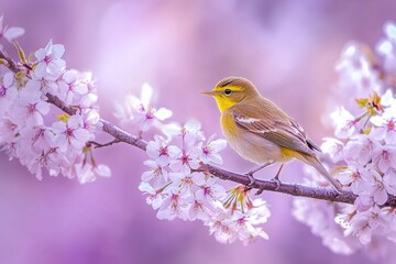 Serene Yellow Bird Amidst Delicate Spring Blossoms