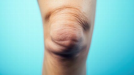Fototapeta premium A close-up of a human elbow joint, showcasing the skin texture and folds around the knee area against a blue background.