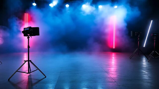 A surreal blend of blue asphalt textures and vibrant neon lights sets the stage in a smoky, spotlight-illuminated studio designed for bold product displays.