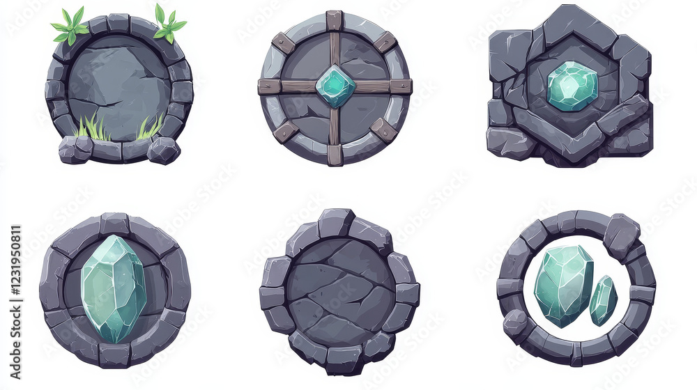 Aufkleber stone ui game button set, rock vector frame, gray boulder sign board, green crystal, icon collection