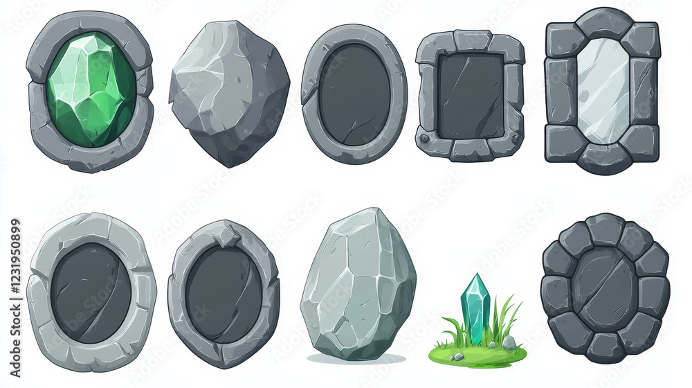 Aufkleber stone ui game button set, rock vector frame, gray boulder sign board, green crystal, icon collection