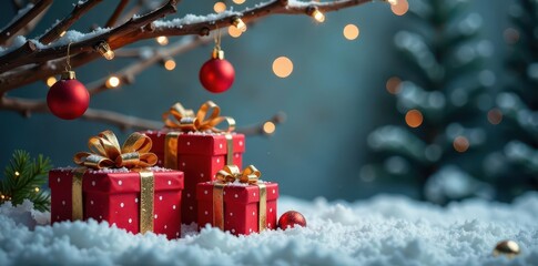 Presents and ornaments on a bare tree branches, Christmas, festive,