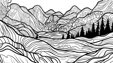 Fototapeta premium Mountain range valley forest line art nature illustration