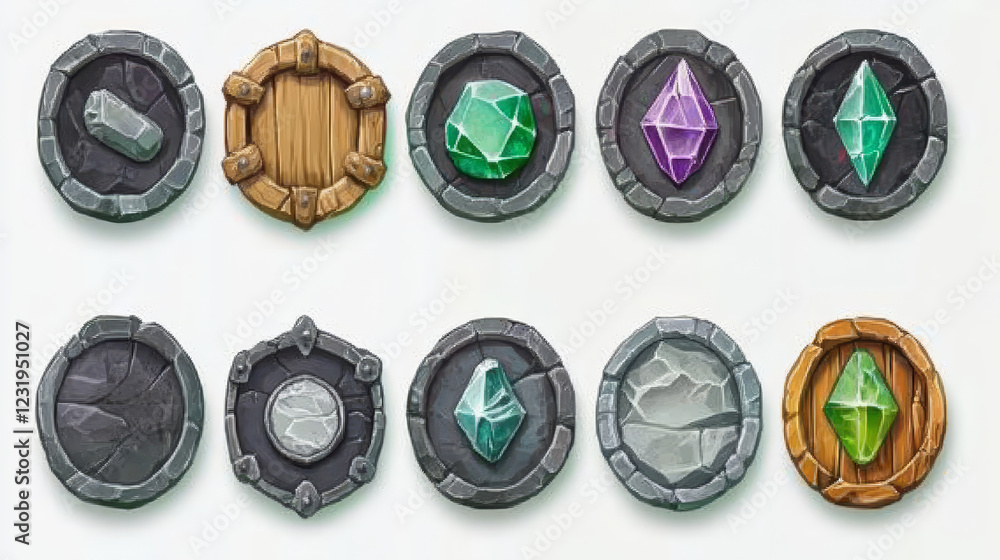 Aufkleber stone ui game button set, rock vector frame, gray boulder sign board, green crystal, icon collection