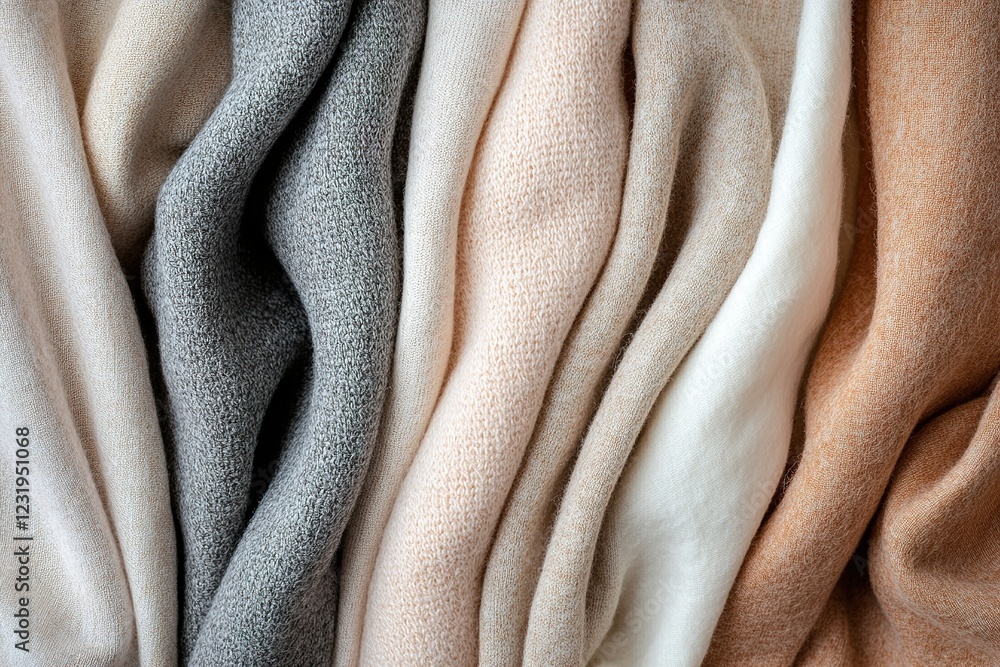 Poster textiles in muted warm colors create a cozy and inviting atmosphere. soft layers of fabric in beige,