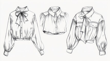 Hand-drawn fashion illustrations of elegant womenâ€™s blouses, isolated vector sketches.
