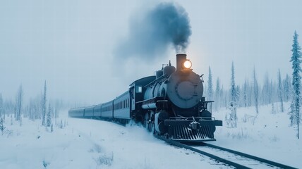 Obraz premium A vintage steam train chugs through a snowy landscape, emitting smoke against a serene winter backdrop of trees and white scenery.