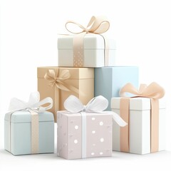Obraz premium A stack of beautifully wrapped gift boxes in soft pastel colors, adorned with elegant ribbons, perfect for celebrations and special occasions.