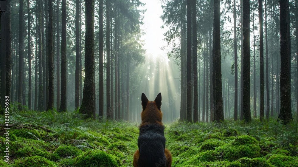 Poster a dog sits in a lush, green forest, surrounded by tall trees and soft sunlight filtering through the