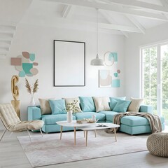 A bright and airy living room bathed in natural light from large,paned windows overlooking a lush garden. The room is anchored by a plush, light colour sectional sofa adorned with soft, neutral pillow