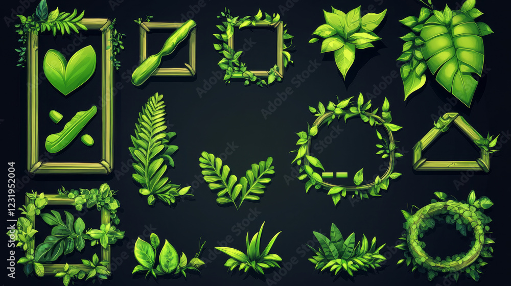 Poster game buttons and frames with green borders and leaves. design elements and assets with plants for us