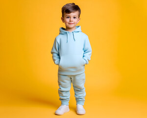 Young boy in light blue hoodie and sweatpants against vibrant yellow background, cute kid fashion, casual wear for kids, kids clothing mockup