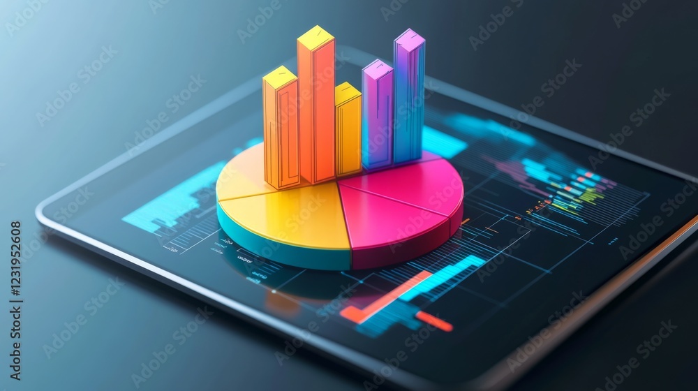 Leinwandbilder a vibrant d pie chart popping out of a tablet screen, showcasing interactive data analysis with colo