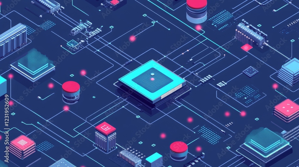 Poster isometric circuit board with connected dots, abstract ai and electronics design