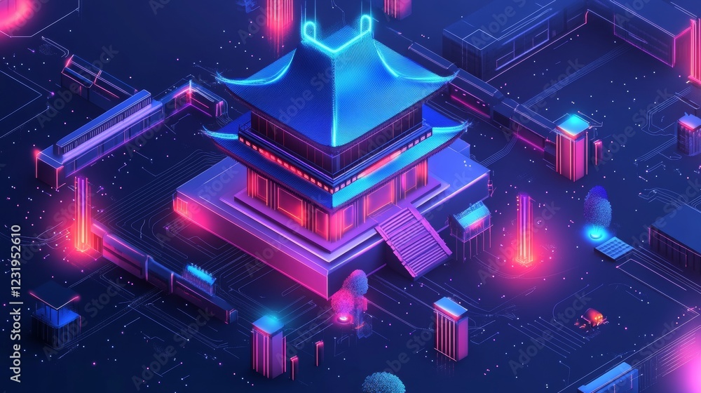 Aufkleber isometric circuit board with connected dots, abstract ai and electronics design