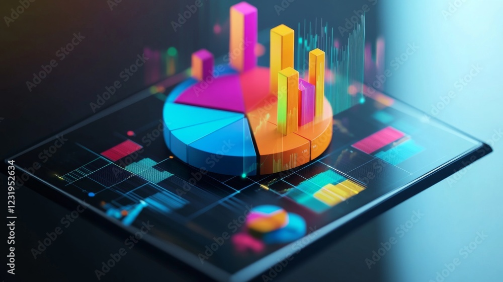 Leinwandbilder a vibrant d pie chart popping out of a tablet screen, showcasing interactive data analysis with colo