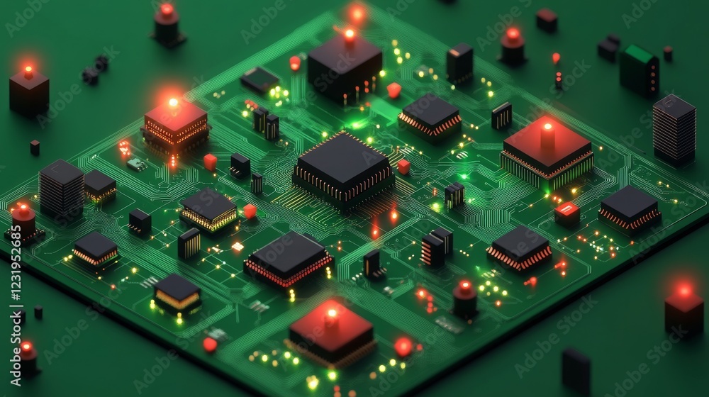 Aufkleber isometric circuit board with connected dots, abstract ai and electronics design