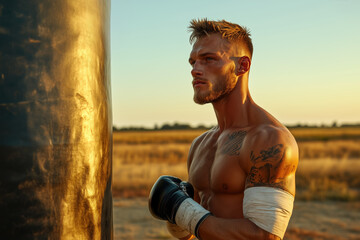 Focused Male Boxer Training at Sunset in Open Field
