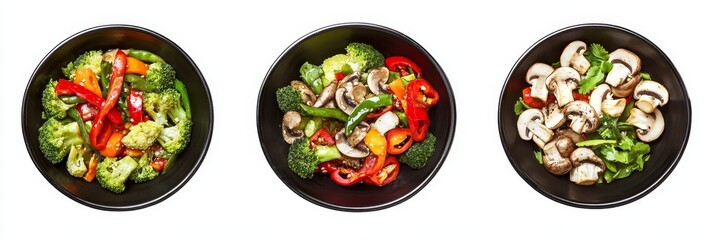 Three bowls of assorted sauteed vegetables broccoli, bell peppers, and mushrooms.