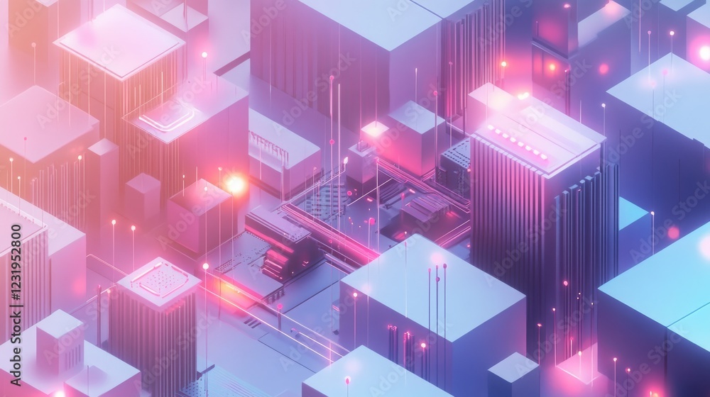 Poster isometric circuit board with connected dots, abstract ai and electronics design